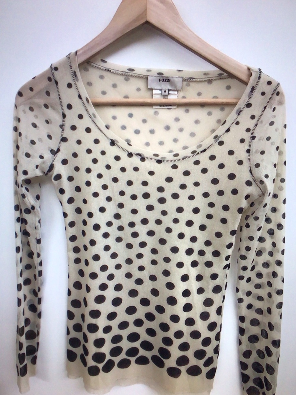 Fuzzi Cream Polka Dot Long-Sleeve Scoop Neck Top